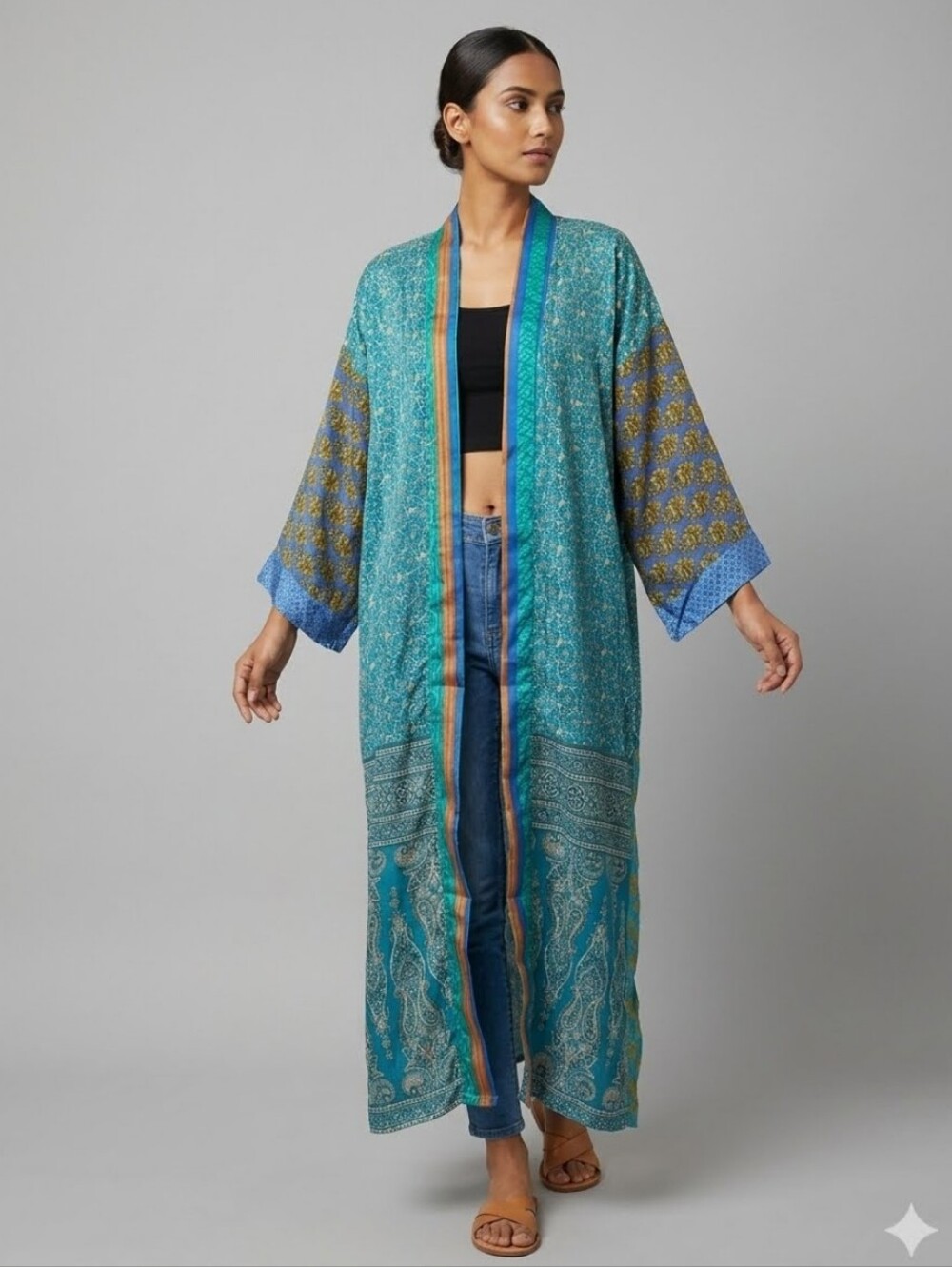 Guru For Life Upcycled Patchwork Silk Sari Kimono Duster, BNWT, One Size